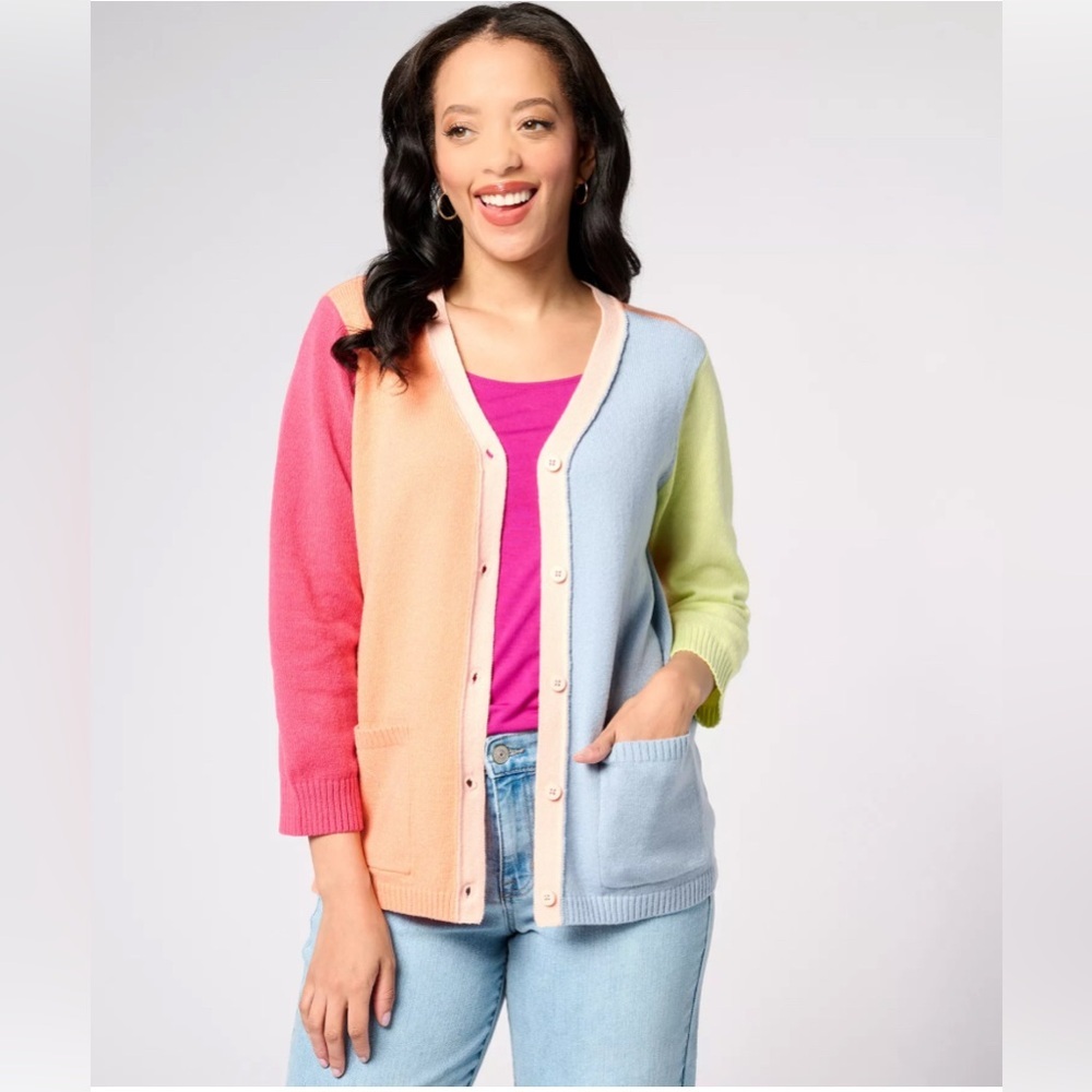 LOGO by Lori Goldstein Orange Blue Color-block Front Button Cardigan Sweater-XL